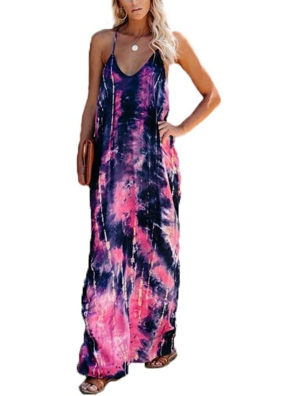 Casual Strappy V-Neck Sleeveless Flowy Maxi Dress with Pockets - Beach Sundress